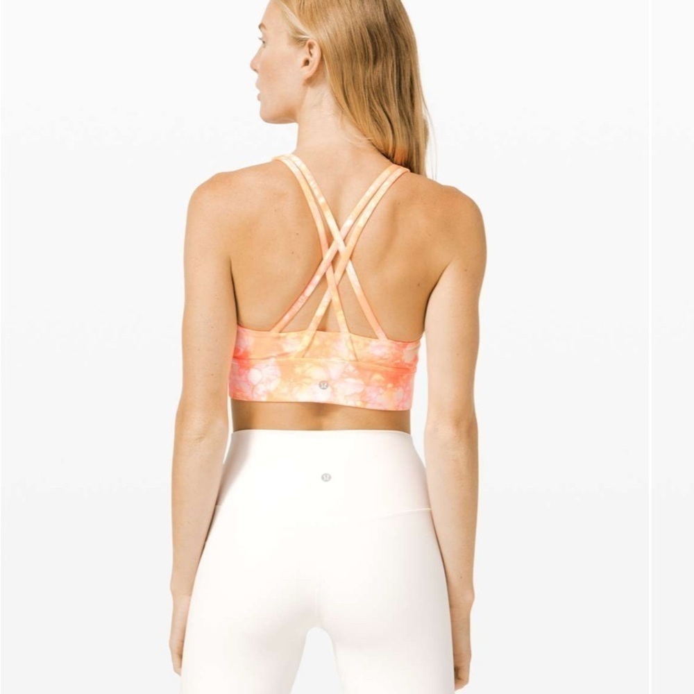 Lululemon Energy Bra High Neck Long Line Shibori Medium Support White Orange 4
